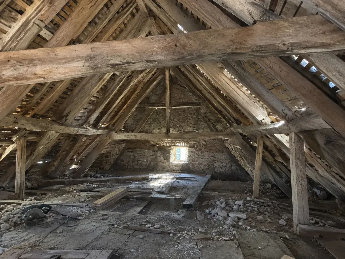 Combles anciens d'une maison béarnaise, charpente fatiguée, volige disjointe et sol encombré de gravats